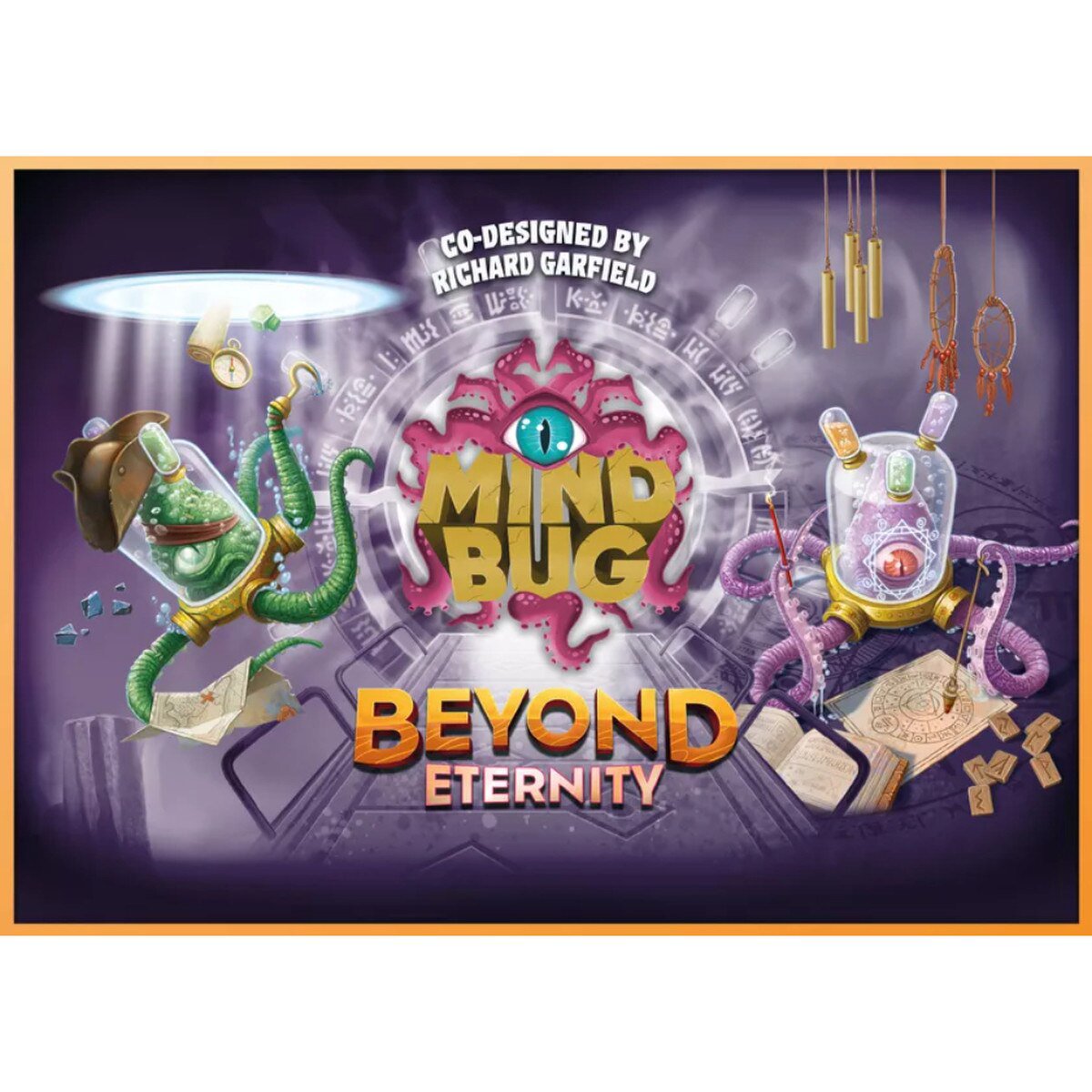 Mindbug Beyond Eternity card spread with sci fi hybrid creature artwork and tactical duel cards