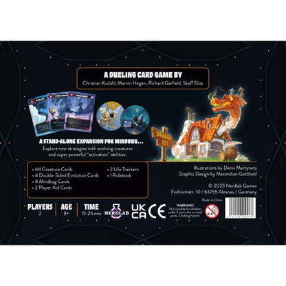 Mindbug Beyond Evolution back of box showing standalone expansion contents and 2 player game details