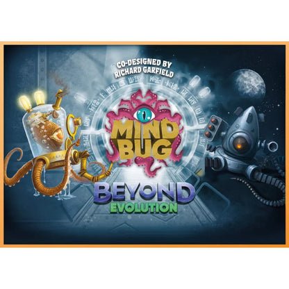 Mindbug Beyond Evolution cover art with sci-fi creature artwork for tactical monster card game
