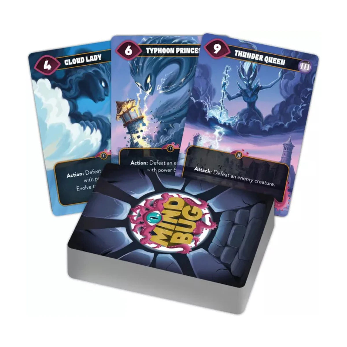 Mindbug Beyond Evolution creature cards showing Cloud Lady Typhoon Princess and Thunder Queen