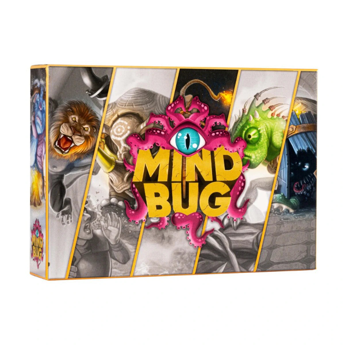 Mindbug First Contact card game box front showing hybrid creature artwork for a 2 player tactical duel game
