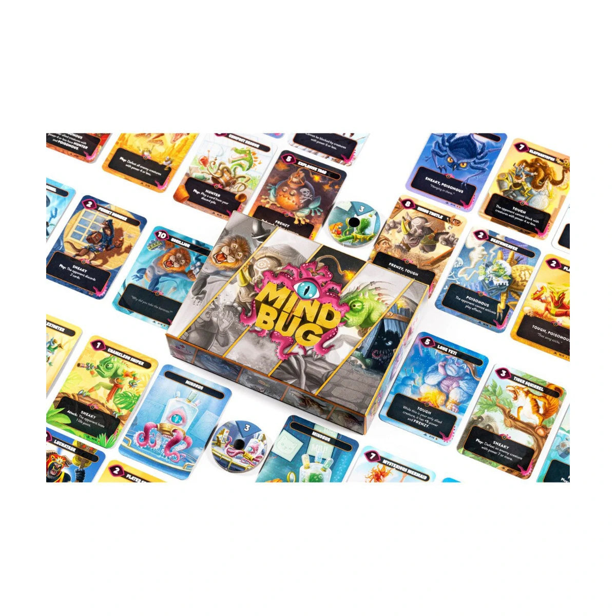 Mindbug First Contact gameplay cards spread with colourful hybrid creature cards and Mindbug box components