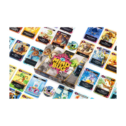 Mindbug First Contact gameplay cards spread with colourful hybrid creature cards and Mindbug box components