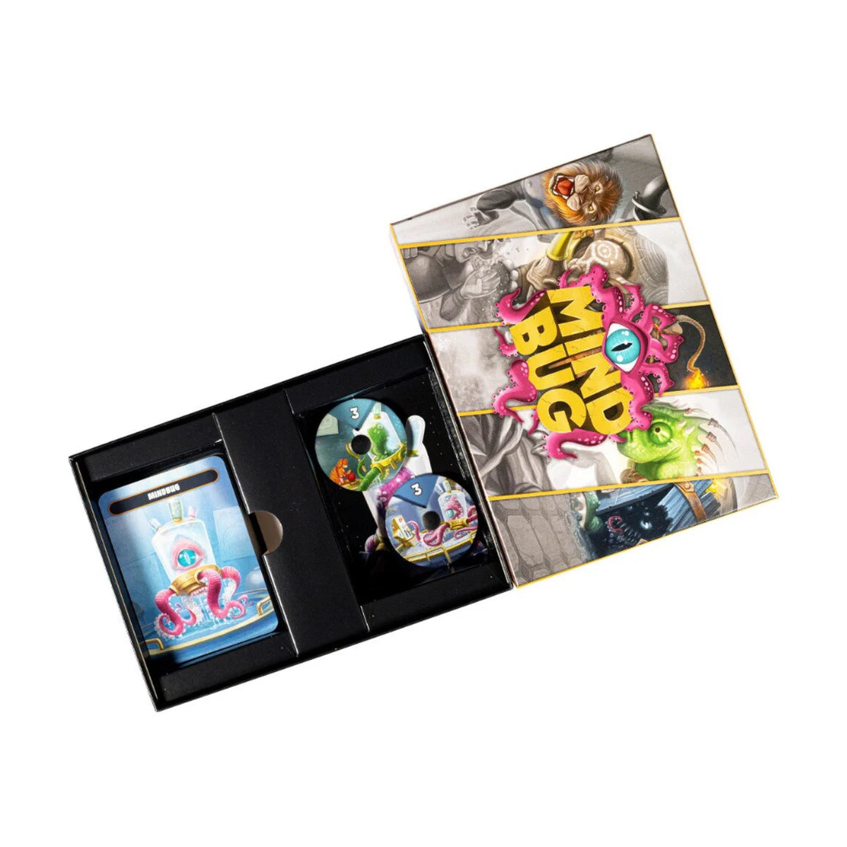 Mindbug First Contact open box with creature cards Mindbug cards life spinners and compact card game components