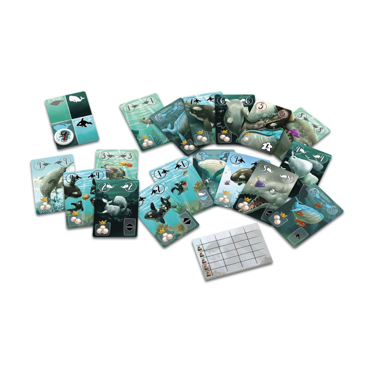 Moby Trick card game close-up of whale cards and scoring pad