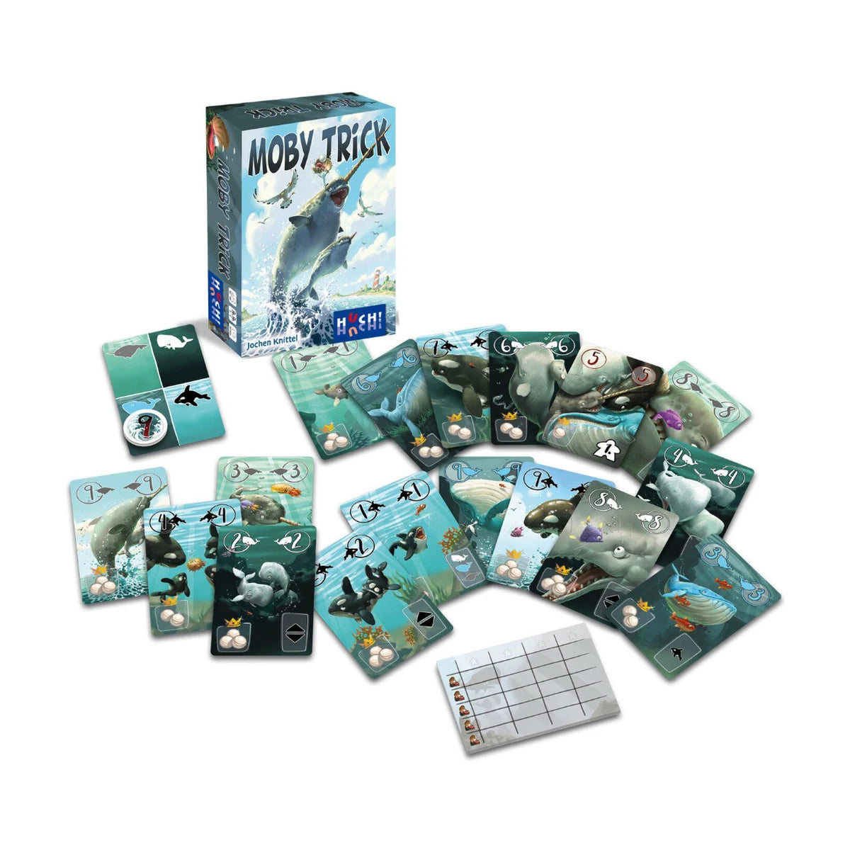 Moby Trick whale card game components with box