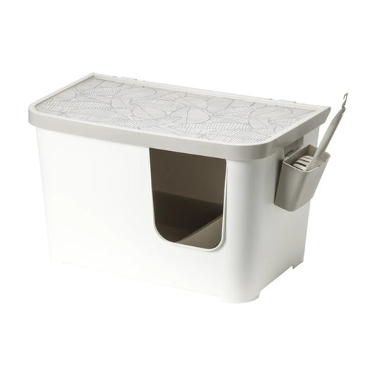 Moderna Casetta Camelia high-sided cat litter box in Soft White with patterned hinged lid, low front entrance and side-mounted litter scoop with caddy.
