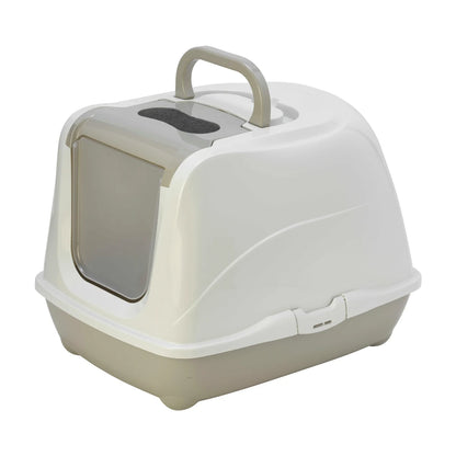 Moderna Flip Cat Large litter box in Warm Grey with carry handle raised