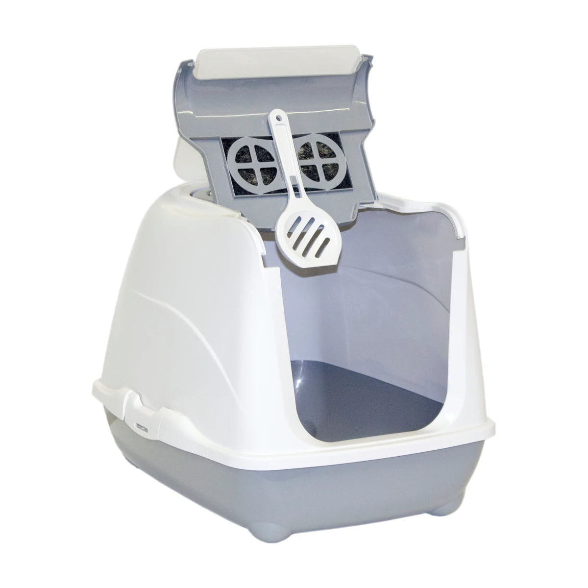 Moderna Flip Cat Large litter box open to show flip-up cleaning access and scoop storage