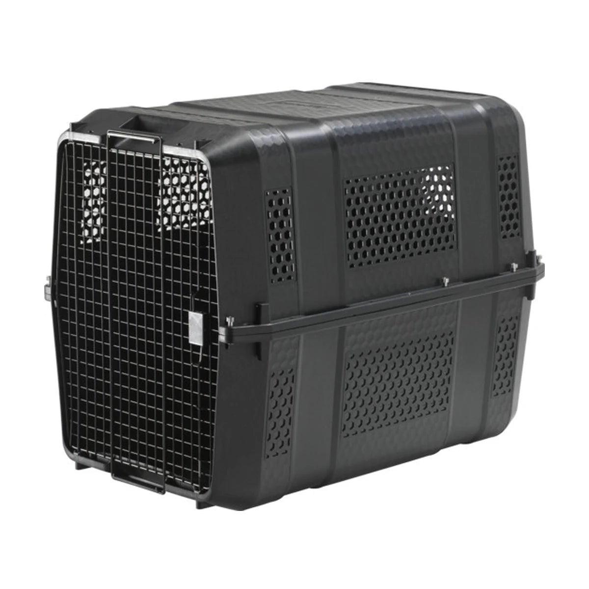 Moderna Gateway IATA black dog transport kennel showing ventilation panels and metal door