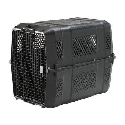 Moderna Gateway IATA black dog transport kennel showing ventilation panels and metal door