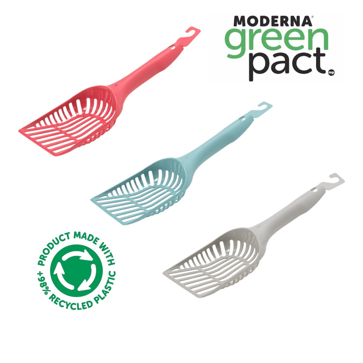 Moderna Handy cat litter scoops in Spicy Coral Aquarelle and Warm Grey made with recycled plastic