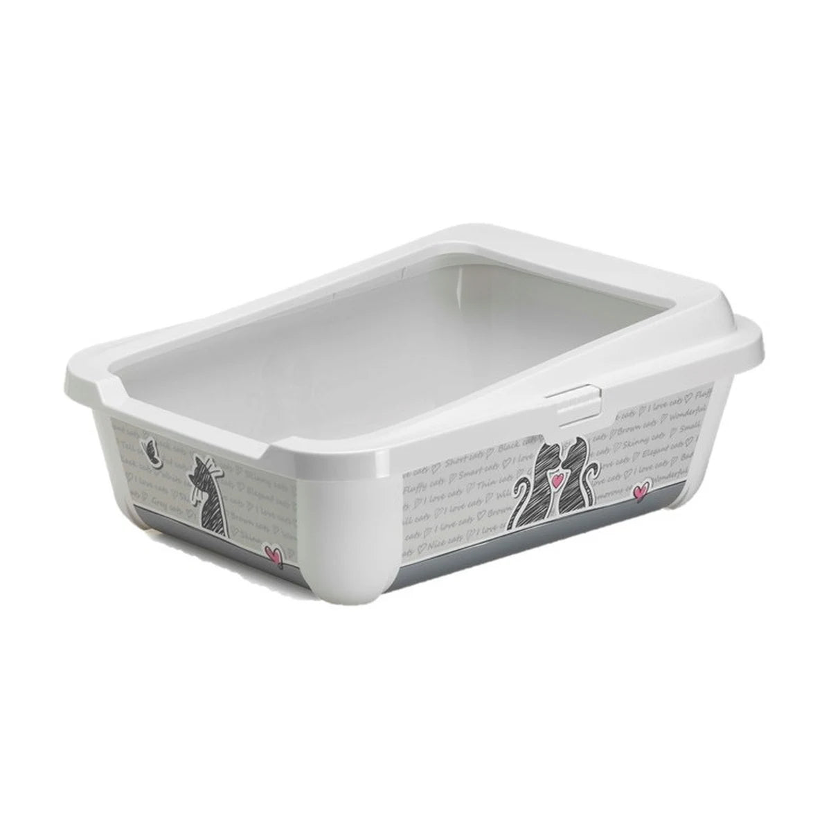 Moderna Hercules Cats in Love Cat Litter Tray in White, featuring a removable rim, raised back and decorative black cat illustrations with pink hearts. 