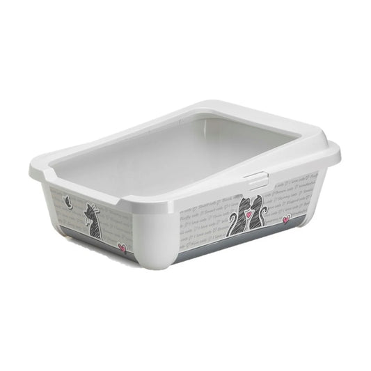 Moderna Hercules Cats in Love Cat Litter Tray in White, featuring a removable rim, raised back and decorative black cat illustrations with pink hearts. 