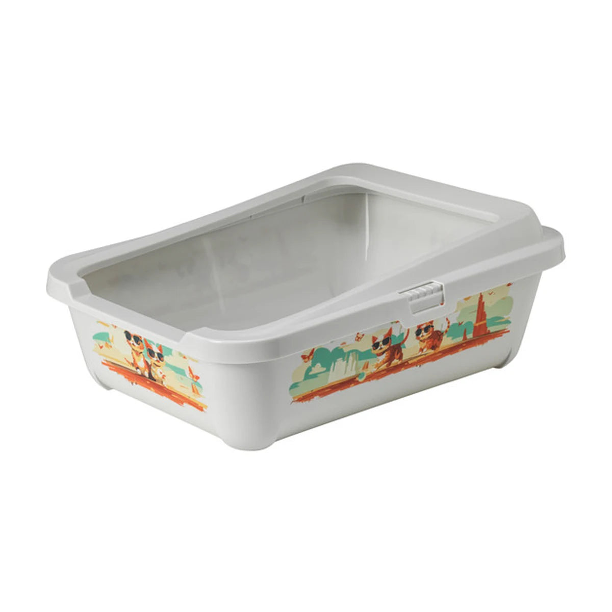 Angled view of the Moderna Hercules Indy & Louise open cat litter tray showing its white removable rim, raised back and colourful cat illustrations.
