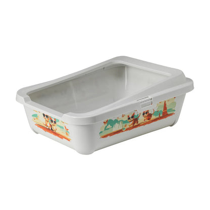 Angled view of the Moderna Hercules Indy & Louise open cat litter tray showing its white removable rim, raised back and colourful cat illustrations.