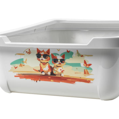 Close-up of the Indy & Louise design on the white Moderna Hercules cat litter tray, featuring two cartoon cats in sunglasses and colourful butterflies.