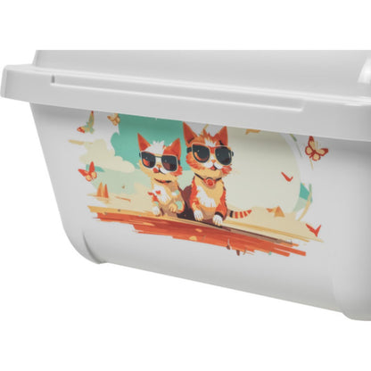 Close-up of the Moderna Hercules Indy & Louise cat litter tray end panel featuring two illustrated cats wearing sunglasses with butterflies and colourful scenery.