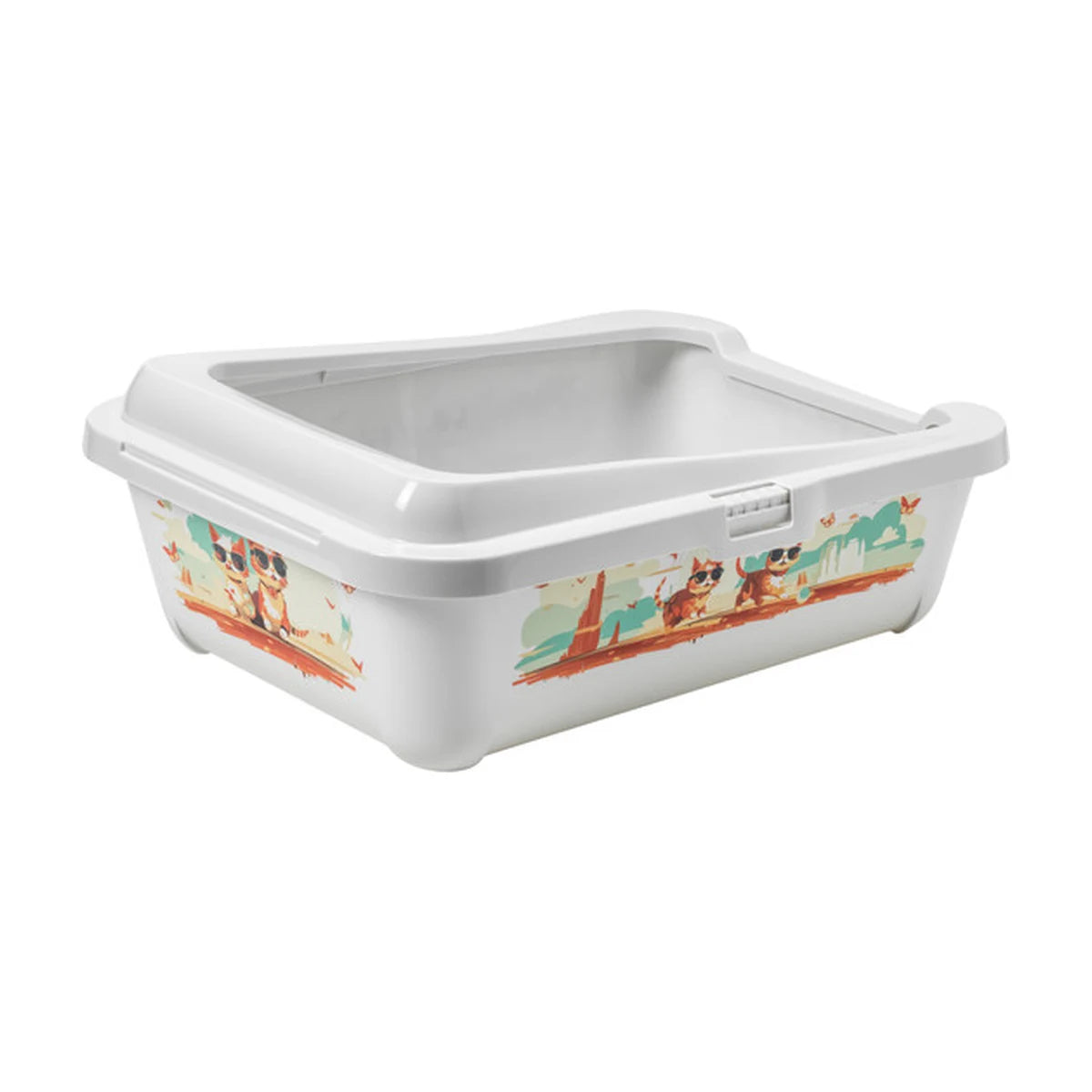 Moderna Hercules Indy & Louise Cat Litter Tray in White with removable rim and colourful adventure-themed cat illustrations.