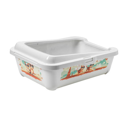 Moderna Hercules Indy & Louise Cat Litter Tray in White with removable rim and colourful adventure-themed cat illustrations.