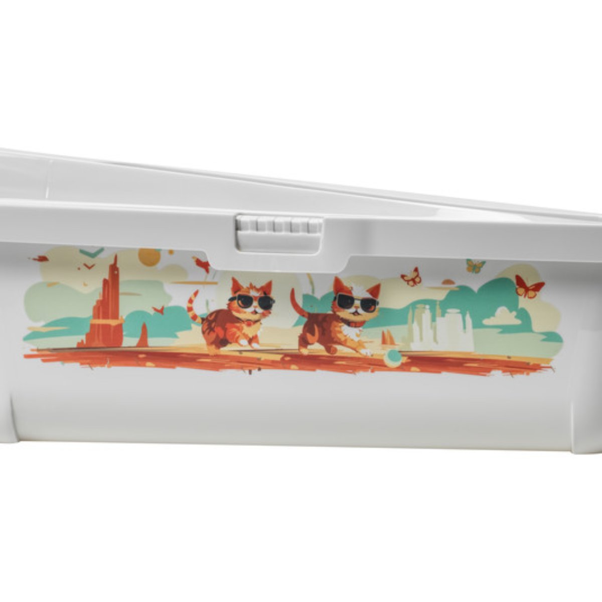 Side detail of the Moderna Hercules Indy & Louise cat litter tray showing two adventurous cats in sunglasses against a colourful illustrated landscape.