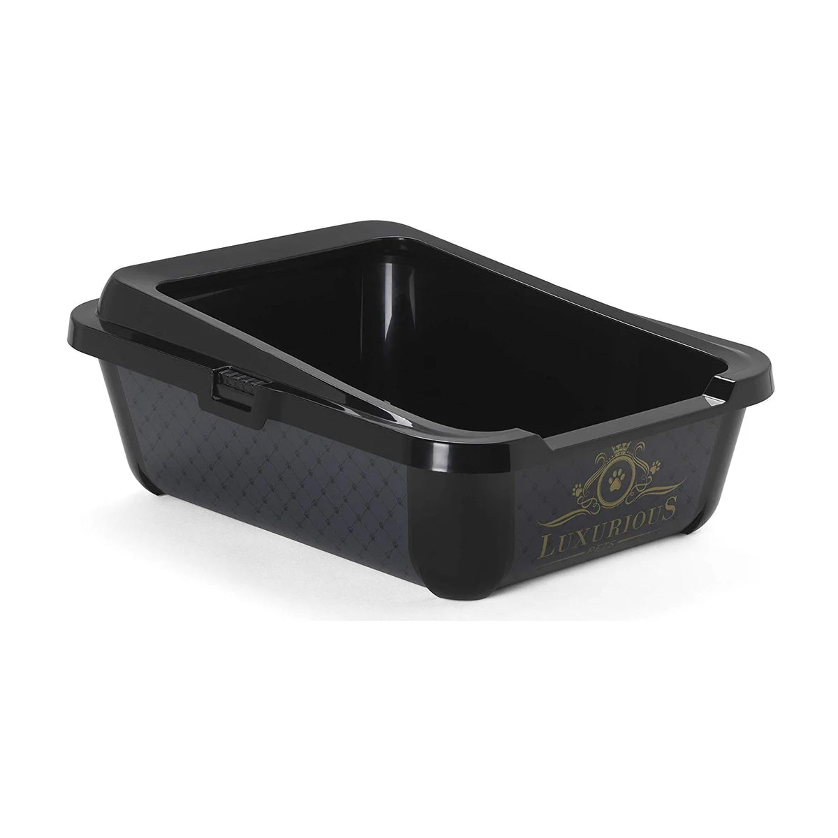 Moderna Hercules Luxurious Cat Litter Tray in Black with removable rim, dark patterned side panels and decorative gold Luxurious Pets logo.