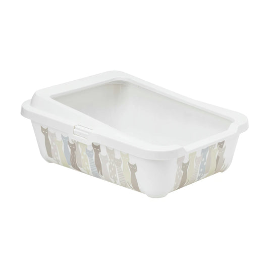 Moderna Hercules Maasai Cat Litter Tray in White with removable rim and illustrated cat pattern in soft blue, grey and neutral colours.