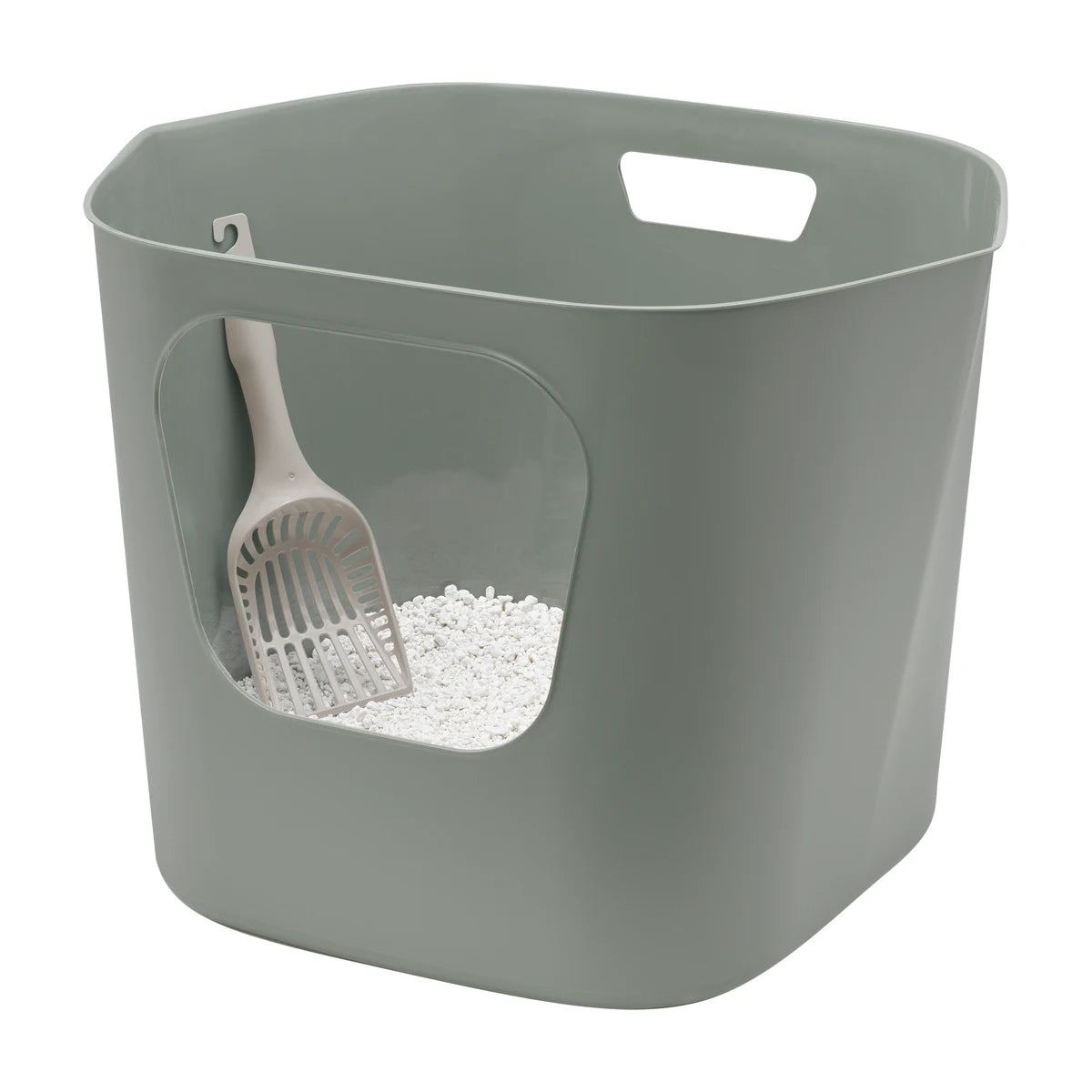 Moderna Lotus Olive Green litter tray with included scoop and cat litter
