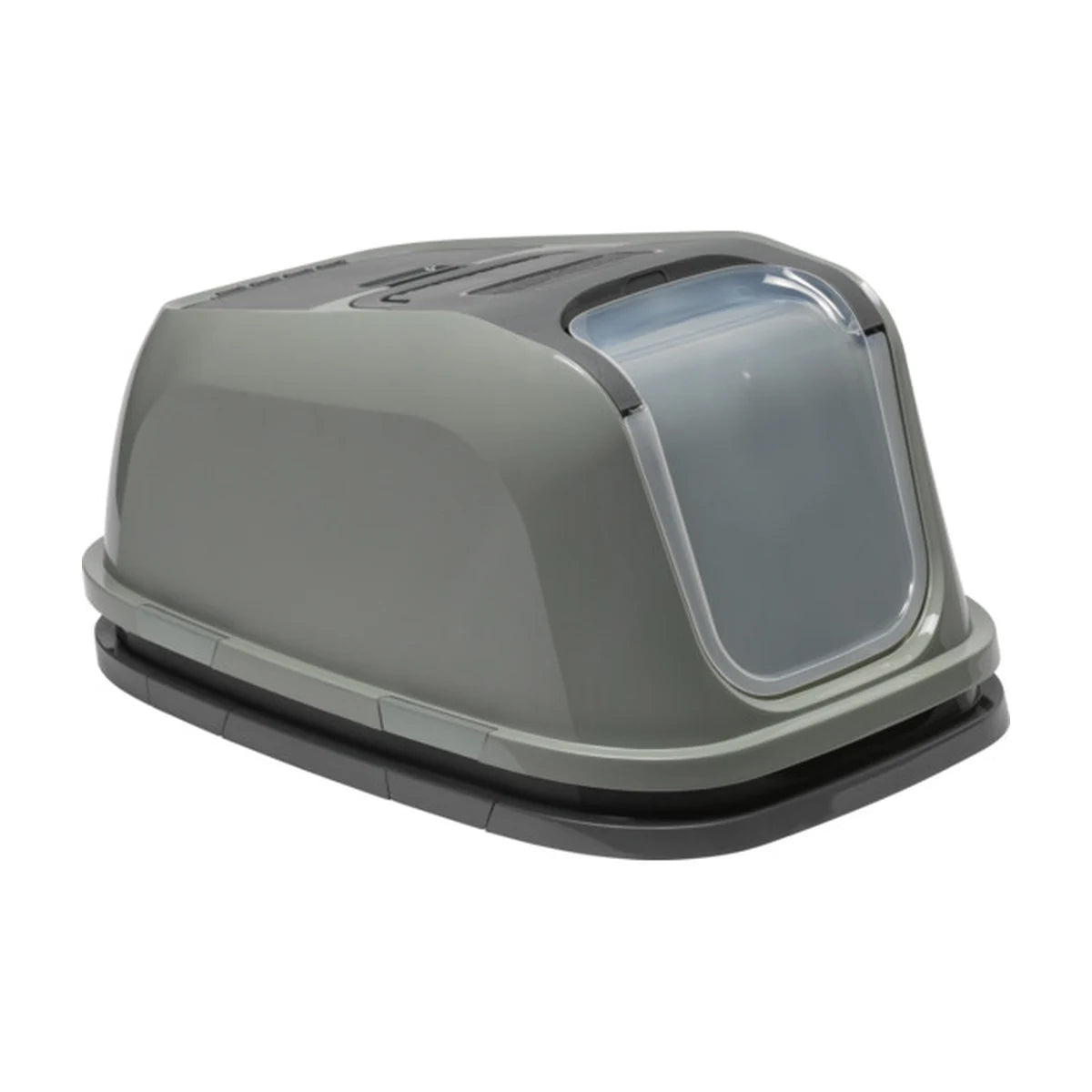 Moderna Mega Deluxe Cat Litter Box in Cool Grey showing the enclosed hood with translucent front door positioned above the extra-deep litter tray.