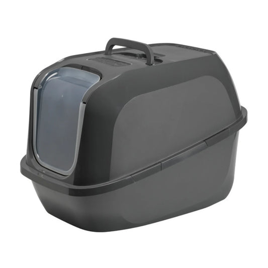 Moderna Mega Deluxe Cat Litter Box in Cool Grey featuring a translucent swing door, enclosed design and deep litter tray.