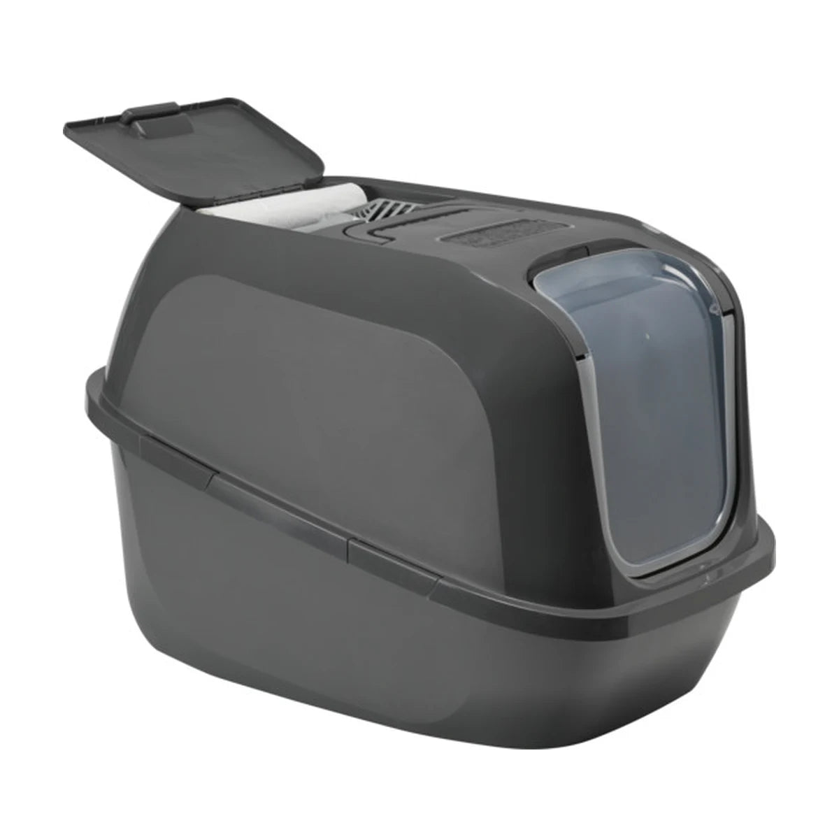 Moderna Mega Deluxe Cool Grey Cat Litter Box with front entrance lifted open, showing easy access to the litter tray for cleaning.