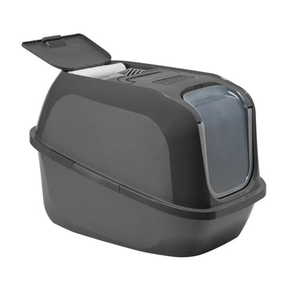 Moderna Mega Deluxe Cool Grey Cat Litter Box with front entrance lifted open, showing easy access to the litter tray for cleaning.