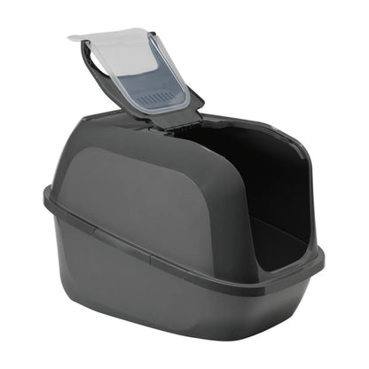 Moderna Mega Deluxe Cat Litter Box in Cool Grey with its translucent front entrance lifted open, showing easy access to the spacious litter tray for cleaning.