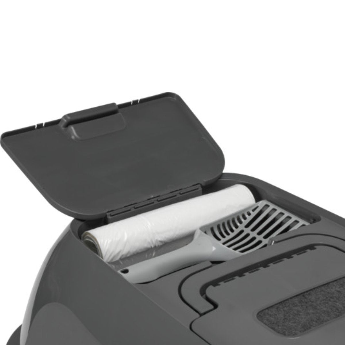 Close-up of the open storage compartment on the Moderna Mega Deluxe Cool Grey Cat Litter Box showing included liner bags and litter scoop.