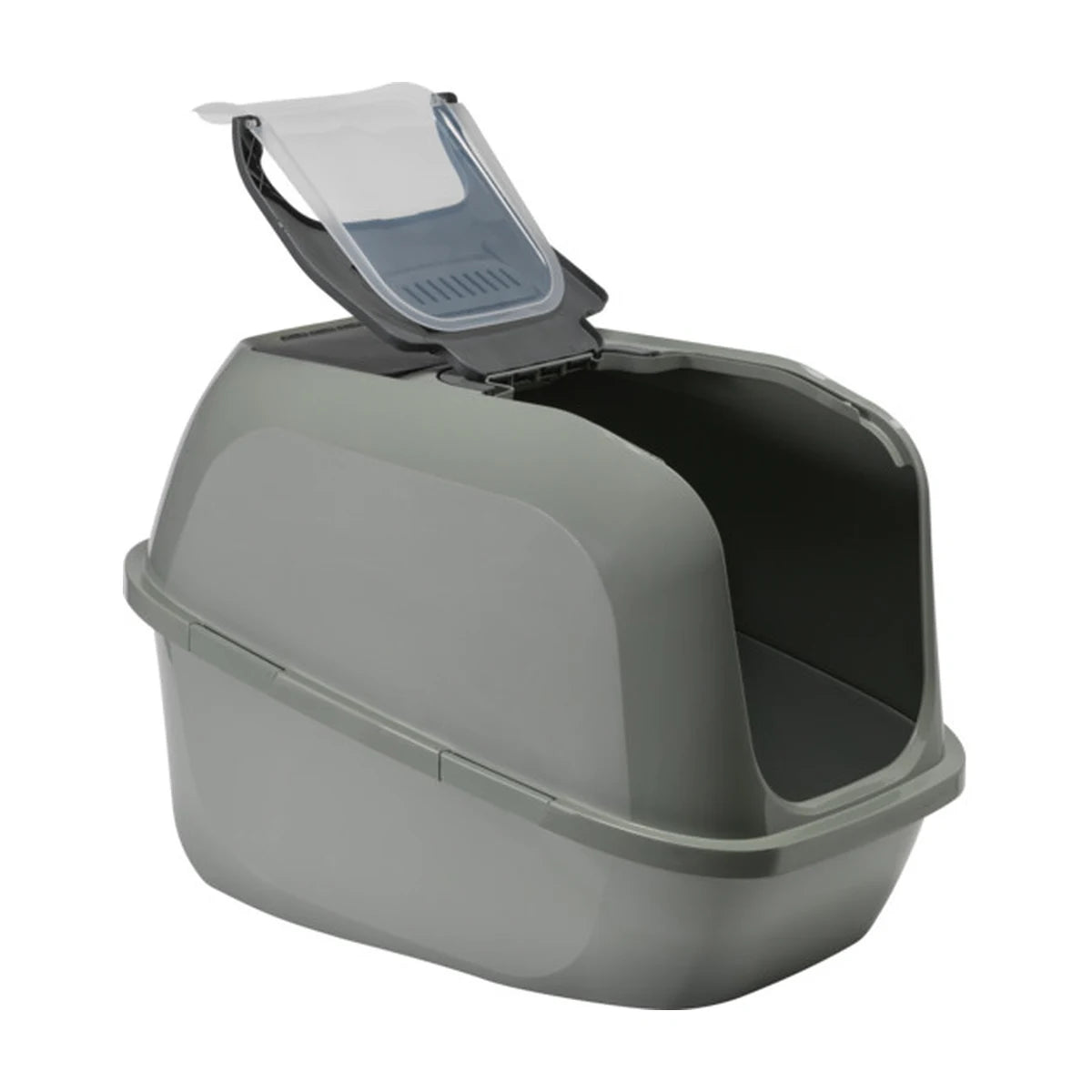 Moderna Mega Deluxe Cat Litter Box in Olive Green with the translucent front entrance lifted open for easier litter cleaning.