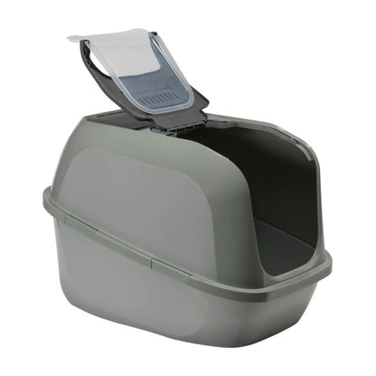 Moderna Mega Deluxe Cat Litter Box in Olive Green with the translucent front entrance lifted open for easier litter cleaning.