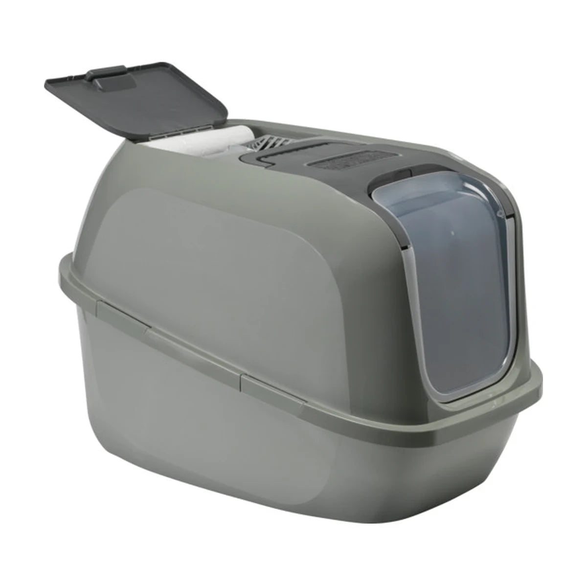 Moderna Mega Deluxe Olive Green Cat Litter Box showing the open roof storage compartment containing liner bags and a litter scoop.