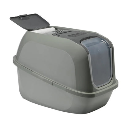 Moderna Mega Deluxe Olive Green Cat Litter Box showing the open roof storage compartment containing liner bags and a litter scoop.
