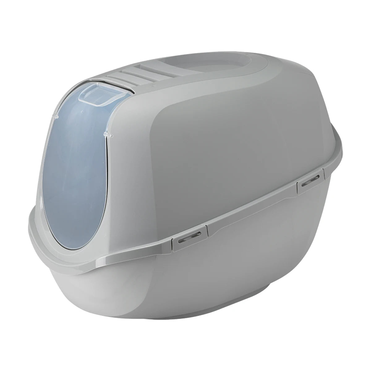 Moderna Mega Smart Cat Litter Box in Titanium Grey, showing spacious enclosed design, translucent swing door and deep litter tray.