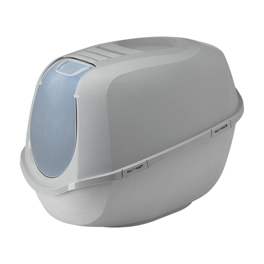 Moderna Mega Smart Cat Litter Box in Titanium Grey, showing spacious enclosed design, translucent swing door and deep litter tray.