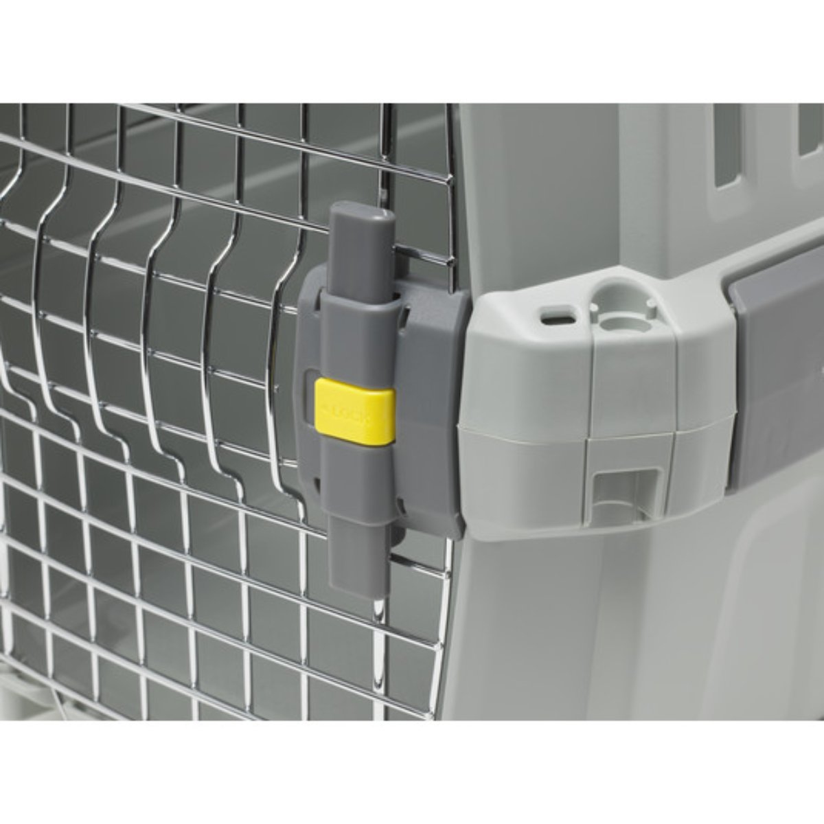 Close-up of the multi-point front locking system on the Moderna Odyssey Pet Carrier