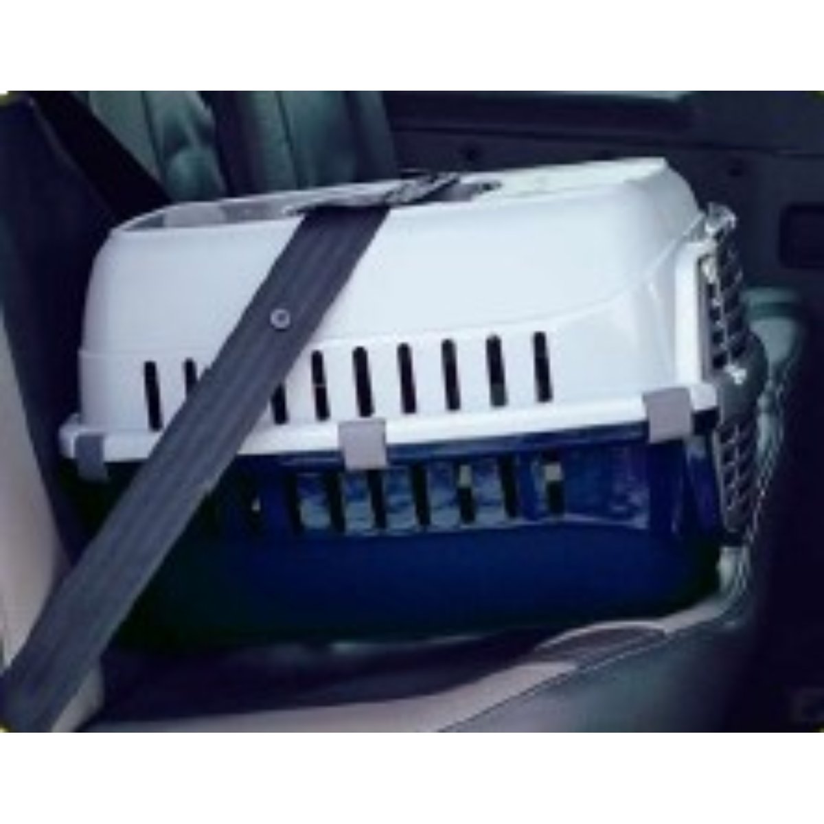 Moderna Road Runner Spring Lock Pet Carrier secured with a car seat belt