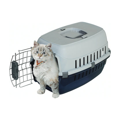 Cat partly inside and outside an open Moderna Road Runner Spring Lock Pet Carrier