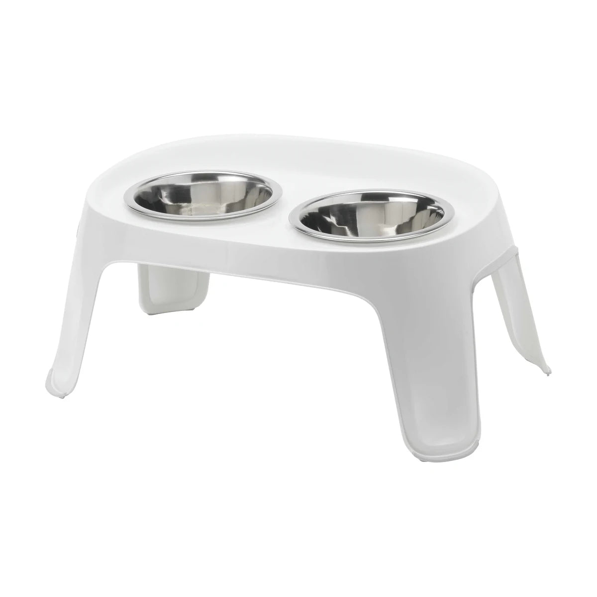 Moderna Skybar Soft White elevated dog feeder with two stainless steel bowls