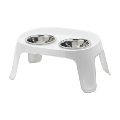 Moderna Skybar Soft White elevated dog feeder with two stainless steel bowls
