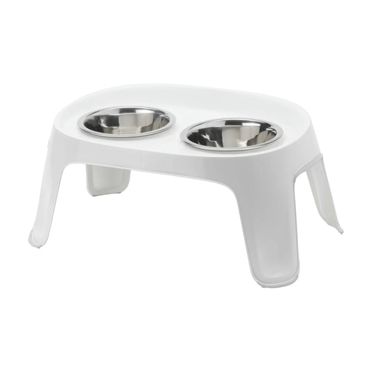 Moderna Skybar Soft White elevated dog feeder with two stainless steel bowls