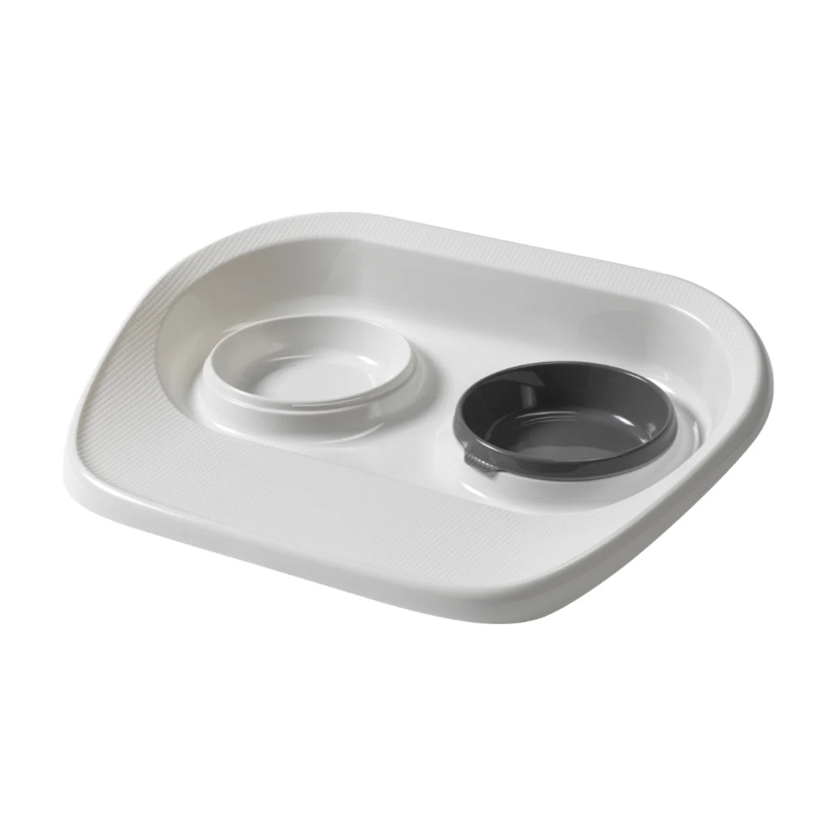 Moderna Tidy Diner white double pet feeding station showing one grey bowl and one white bowl position, with raised sides and a textured front tray.