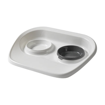 Moderna Tidy Diner white double pet feeding station showing one grey bowl and one white bowl position, with raised sides and a textured front tray.