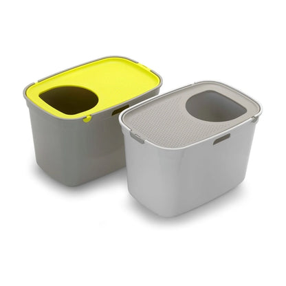 Two Moderna Top Cat top-entry litter boxes displayed together in Warm Grey and Lemon Yellow and Warm Grey and White colour combinations.