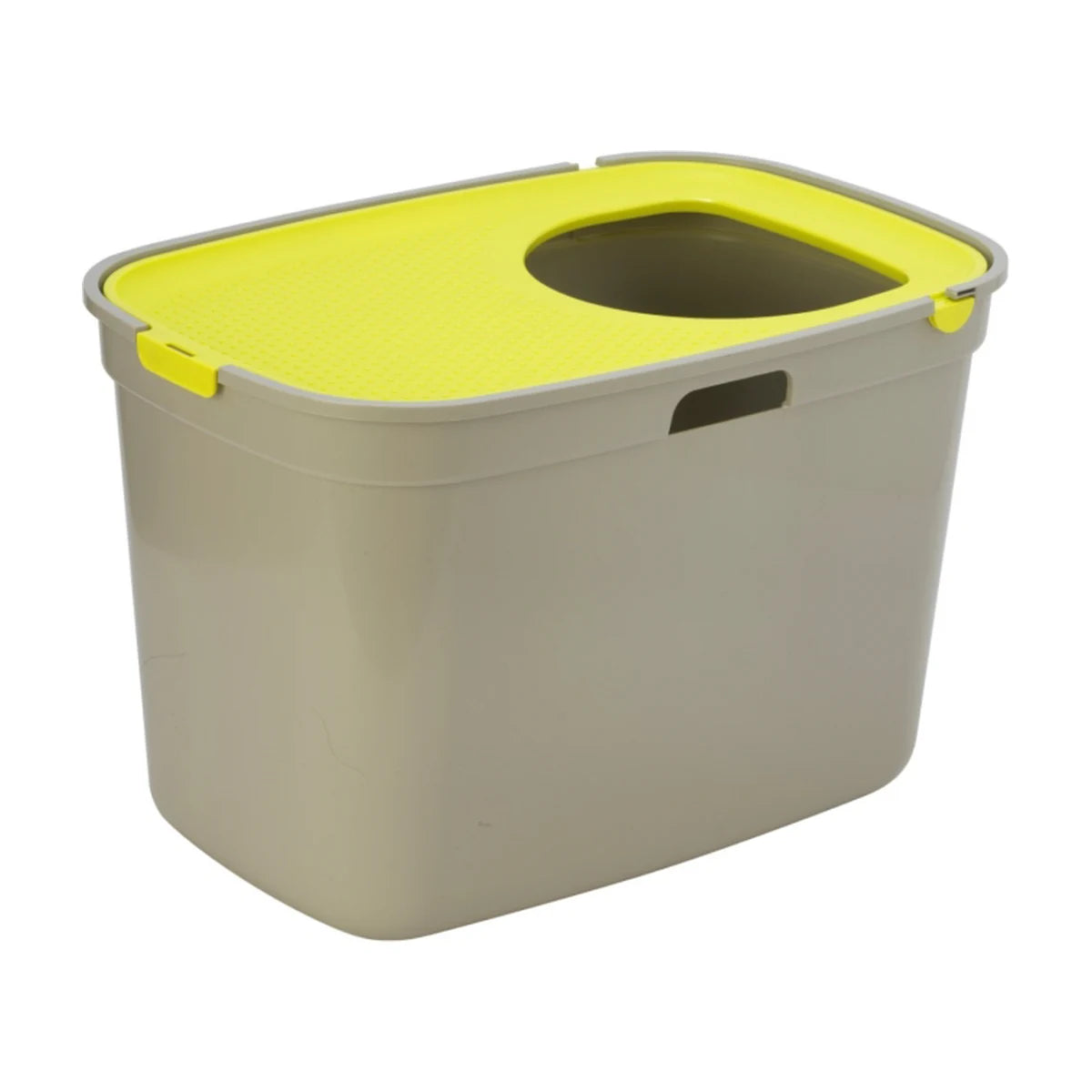 Moderna Top Cat top-entry cat litter box in Warm Grey and Lemon Yellow, featuring a bright yellow textured lid with an oval entrance.